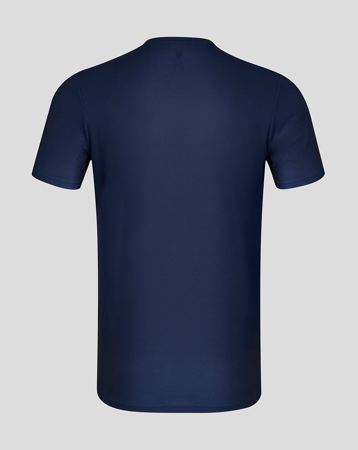 Back view of navy Peacoat men's short sleeve performance T-shirt with a smooth athletic fabric