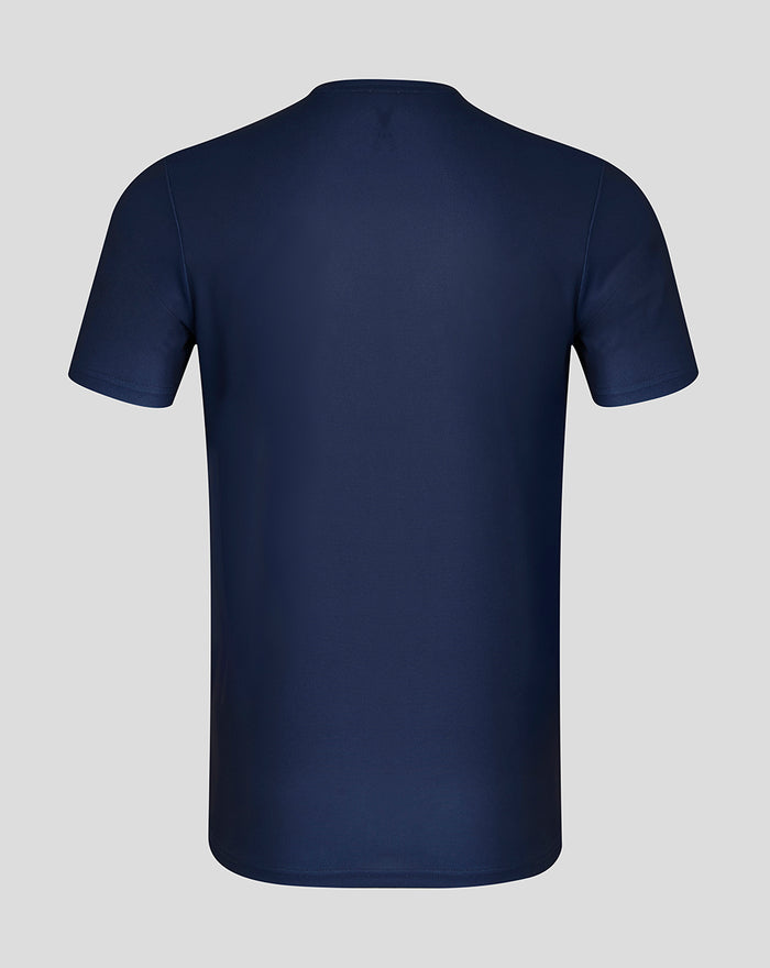 Back view of navy Peacoat men's short sleeve performance T-shirt with a smooth athletic fabric