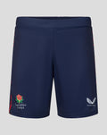 Peacoat navy men's performance shorts with red side panels, Lancashire Cricket logo on left leg and Castore logo on right.