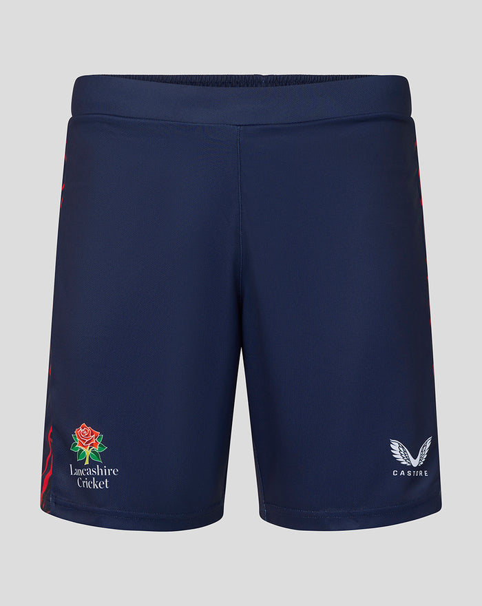 Peacoat navy men's performance shorts with red side panels, Lancashire Cricket logo on left leg and Castore logo on right.