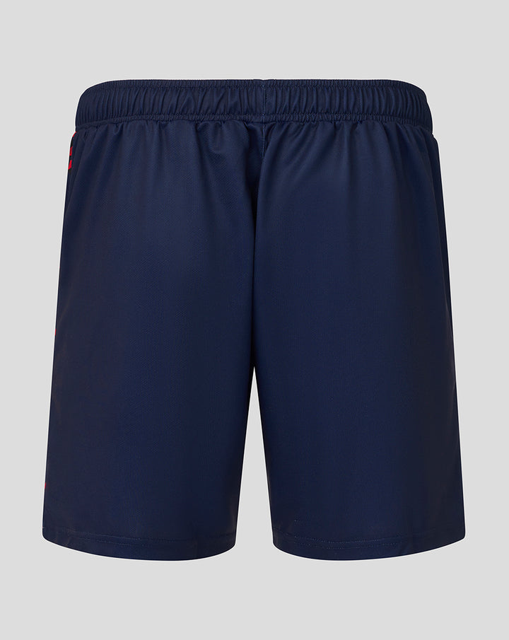 Back view of navy Peacoat men's performance shorts with elastic waistband.