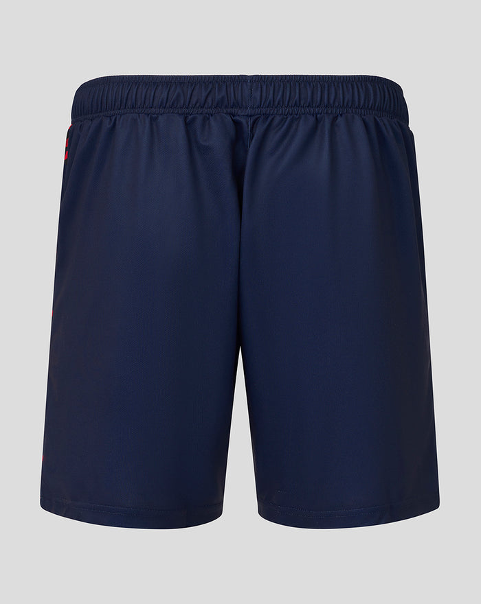 Back view of navy Peacoat men's performance shorts with elastic waistband.