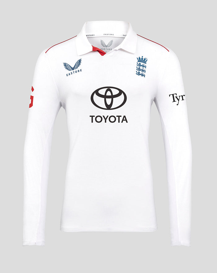 Front view of white men's long sleeve England Test shirt with Toyota sponsor and Three Lions crest
