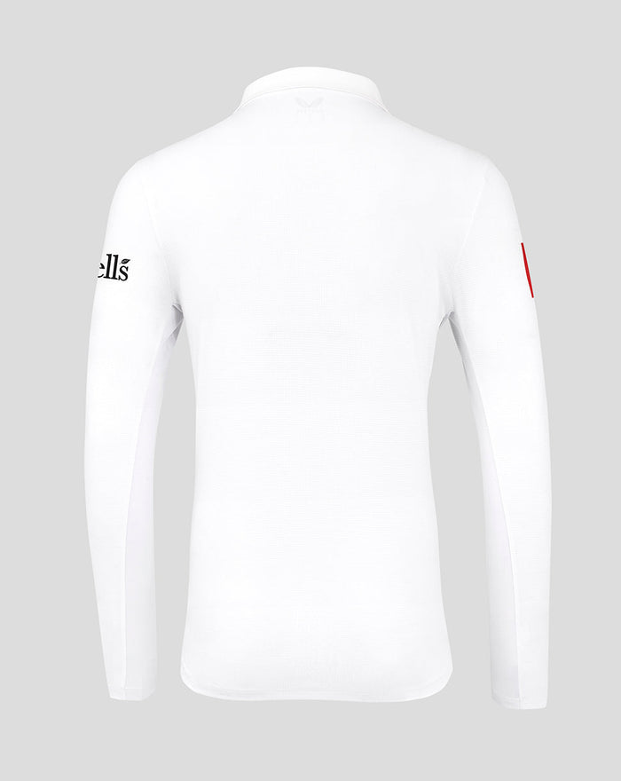 Back view of white England test long sleeve cricket shirt with red shoulder piping