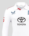 White England cricket shirt chest close up showing Castore logo and Toyota sponsor