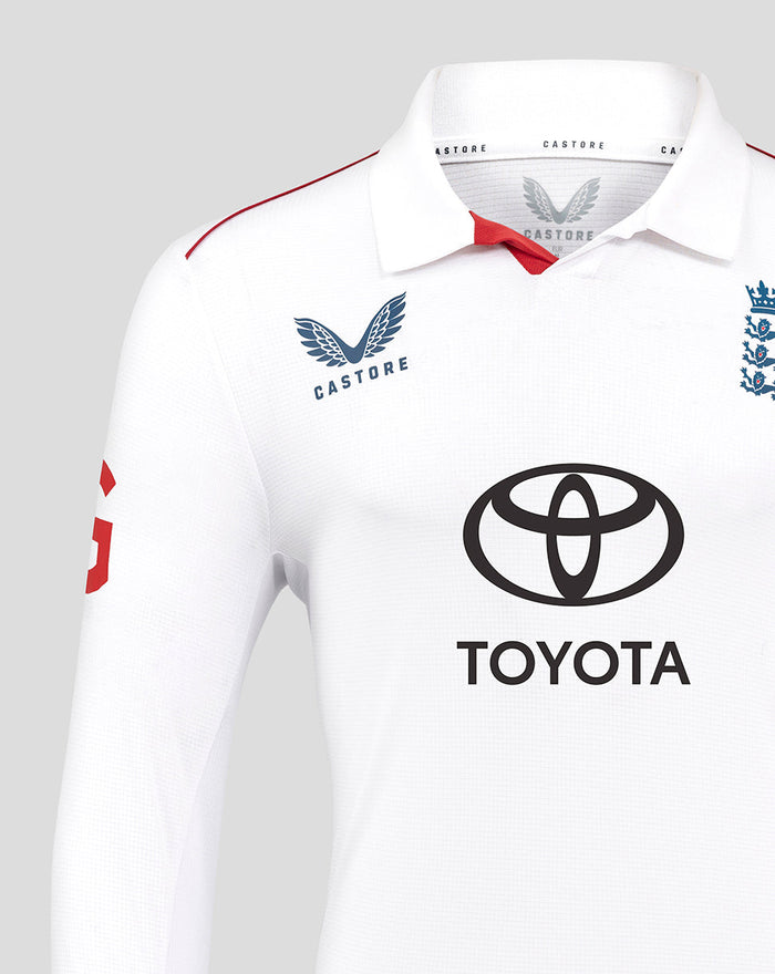 White England cricket shirt chest close up showing Castore logo and Toyota sponsor
