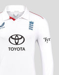 Front view of white England cricket shirt with Toyota sponsor and Three Lions crest plus red piping