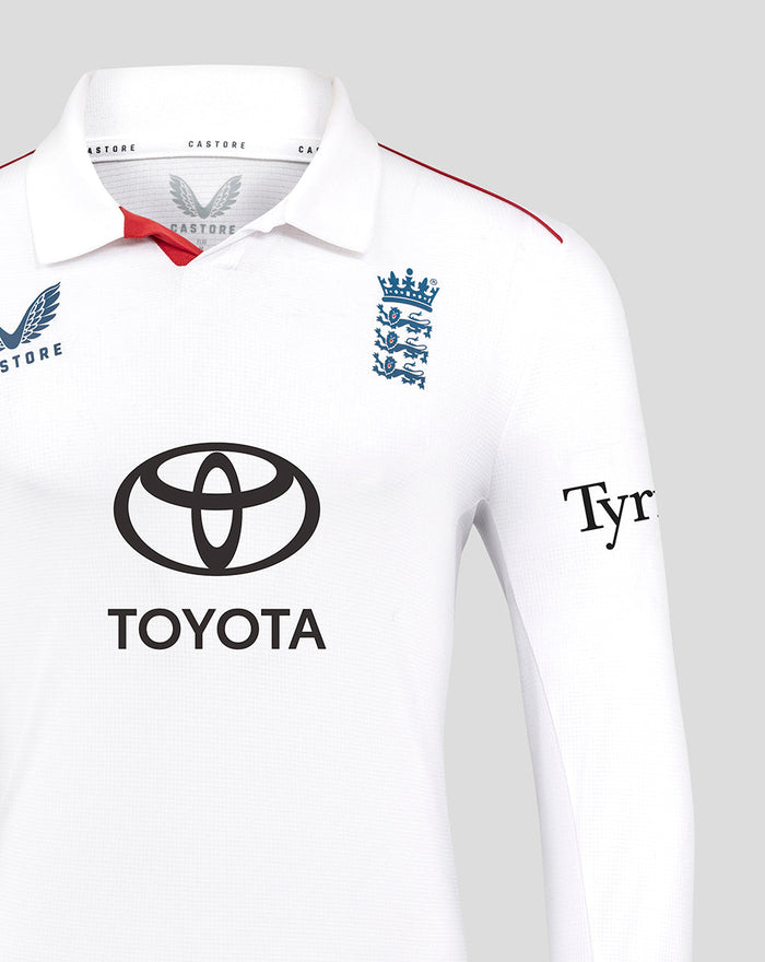 Front view of white England cricket shirt with Toyota sponsor and Three Lions crest plus red piping