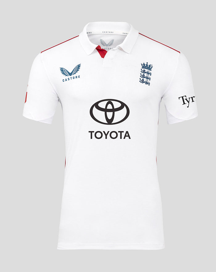 Front view of white England cricket test shirt with navy Three Lions crest on the chest, Castore logo and Toyota sponsor.
