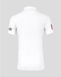 Back view of white England cricket test shirt showing a structured polo collar, faint neck crest and red trim along the placket.