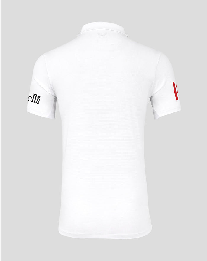Back view of white England cricket test shirt showing a structured polo collar, faint neck crest and red trim along the placket.