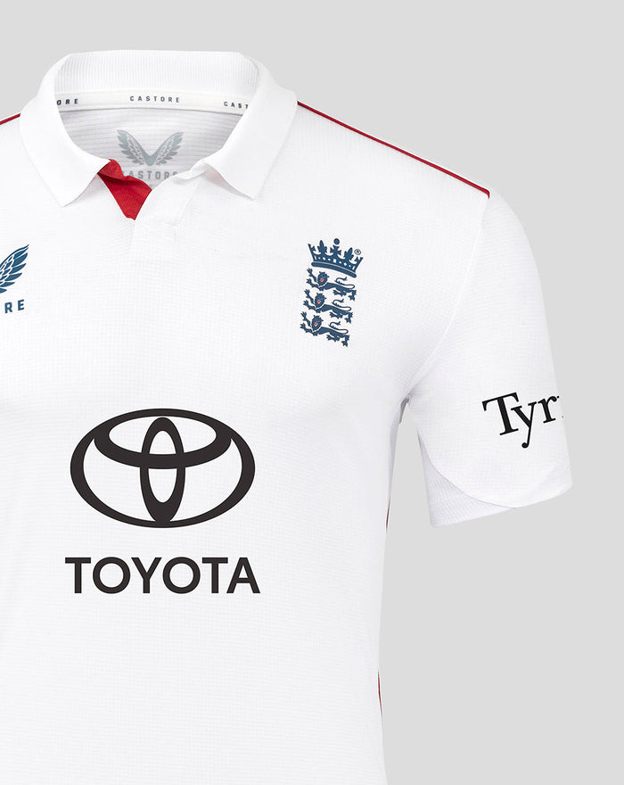 England cricket white polo shirt with navy three lions crest and Toyota sponsor logo on chest