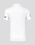 Front view of a white Test cricket shirt featuring a red collar detail and large Toyota sponsor logo.