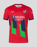 Front view of red Mens 26/27 T20 short sleeve jersey with Emirates Fly Better logo and bold green geometric panels.