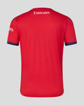 Back view of red Mens 26/27 T20 short sleeve jersey with Emirates branding at the neckline and navy cuff trim.