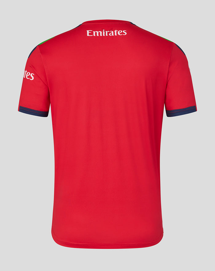 Back view of red Mens 26/27 T20 short sleeve jersey with Emirates branding at the neckline and navy cuff trim.