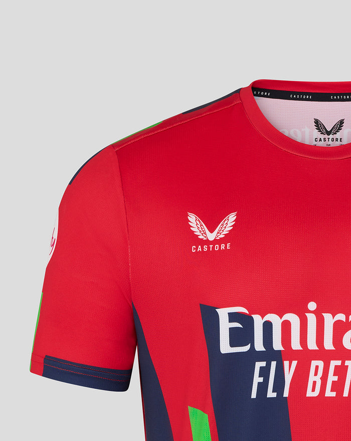 Red T20 jersey with Lancashire Lightning crest on the chest and Emirates branding across the midsection.