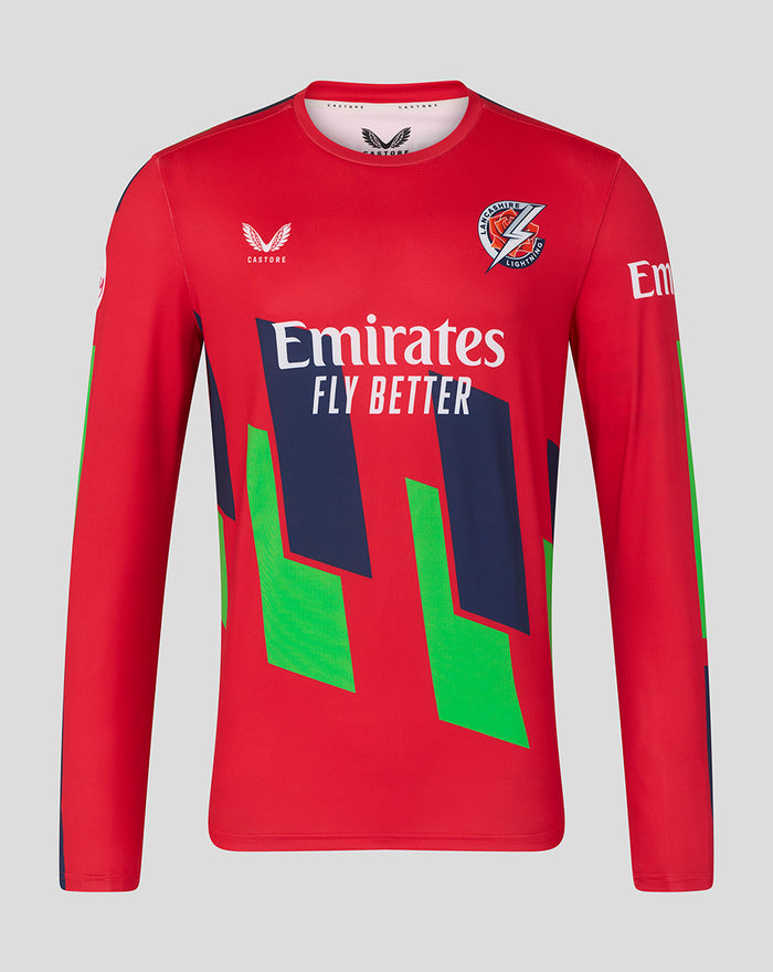 Front view of red men's T20 long sleeve cricket jersey with Emirates Fly Better branding and bold geometric graphics