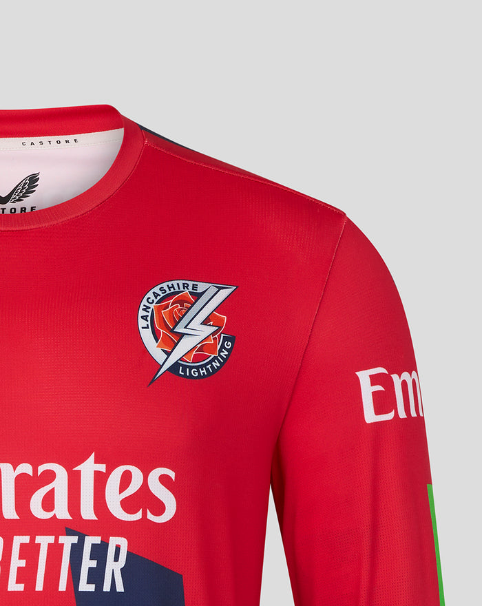 Lancashire Lightning red T20 long sleeve jersey with crest on chest