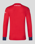Back view of red T20 sweatshirt with Emirates across the upper back and color block sleeve accents