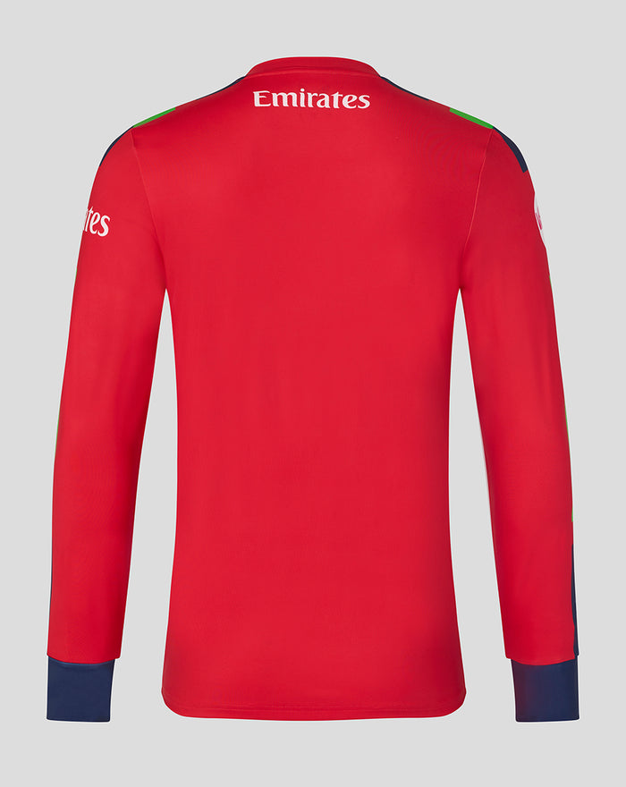 Back view of red T20 sweatshirt with Emirates across the upper back and color block sleeve accents