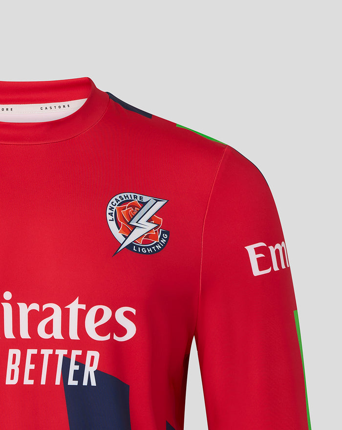 Red men's 26/27 T20 sweatshirt with Lancashire Lightning crest on chest and Emirates branding