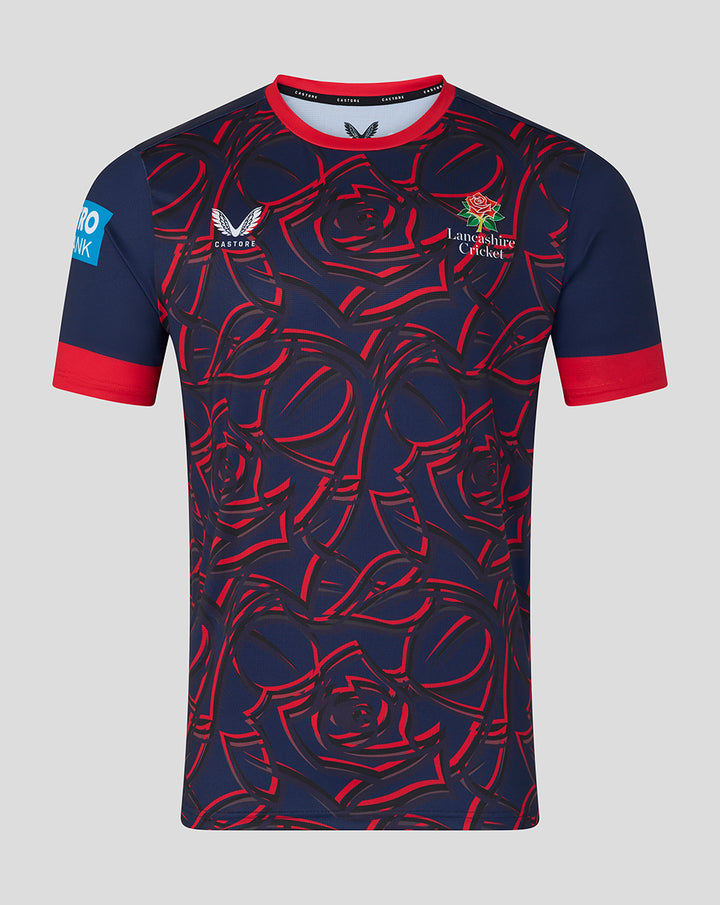 Navy Peacoat One Day cricket jersey with red rose pattern and Lancashire crest on the chest