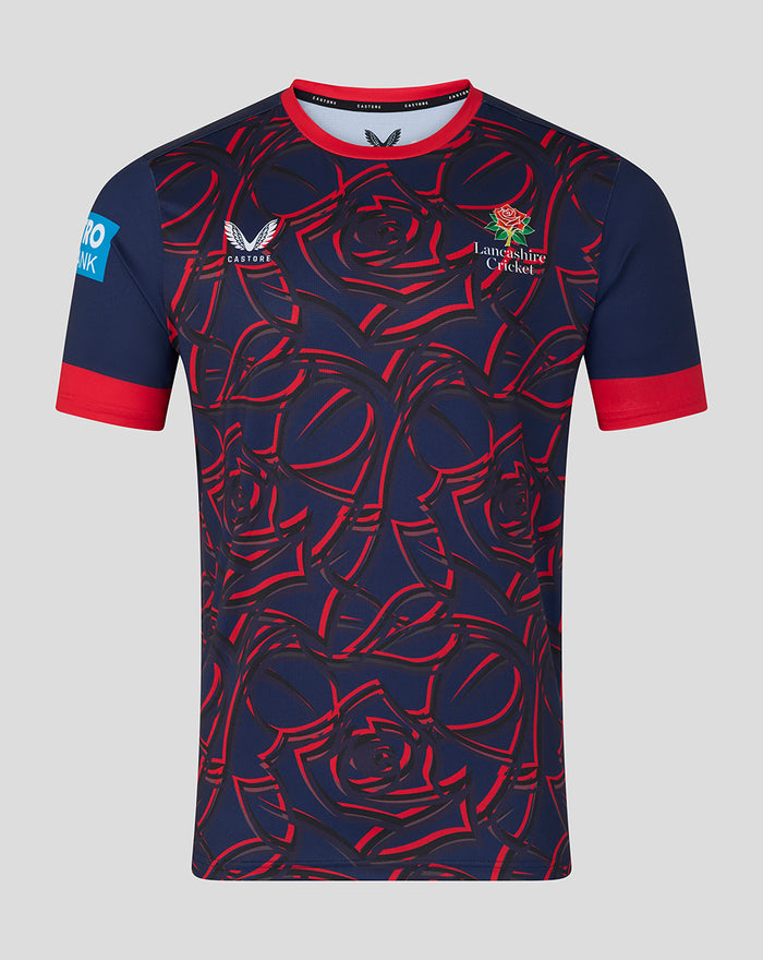 Navy Peacoat One Day cricket jersey with red rose pattern and Lancashire crest on the chest