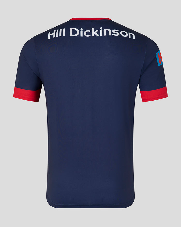 Back view of navy blue One Day jersey with Hill Dickinson across the shoulders and red sleeve cuffs