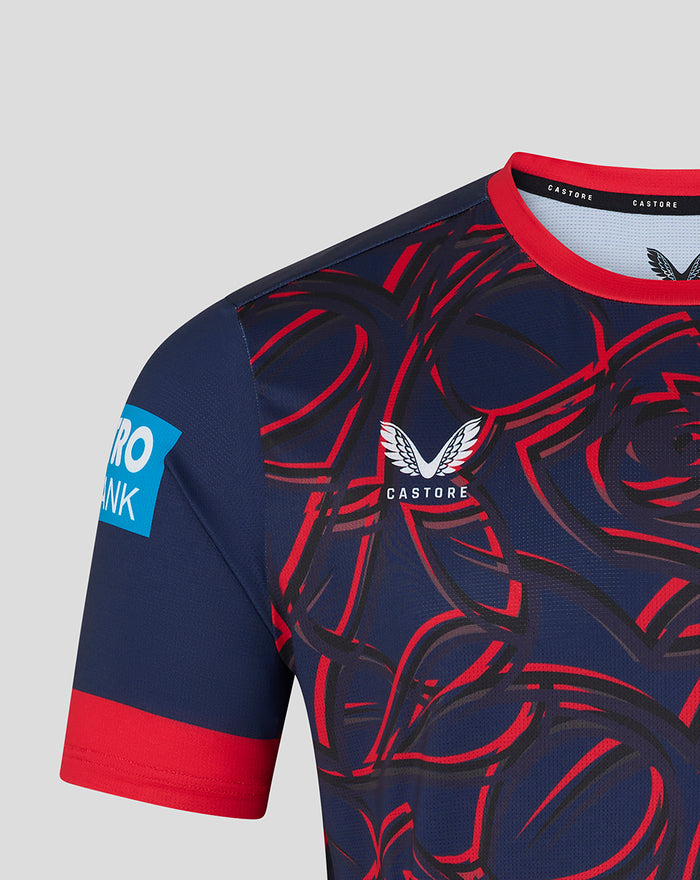Navy One Day jersey chest area with a red rose motif and Castore wing emblem.