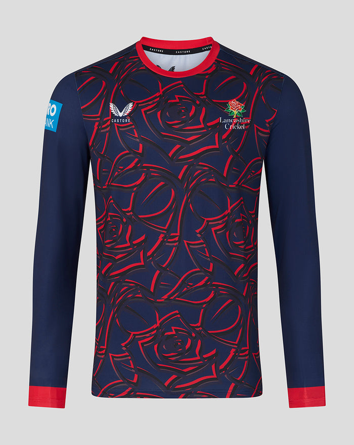 Peacoat navy long sleeve cricket jersey with red rose pattern, Castore logo, and Lancashire Cricket crest.