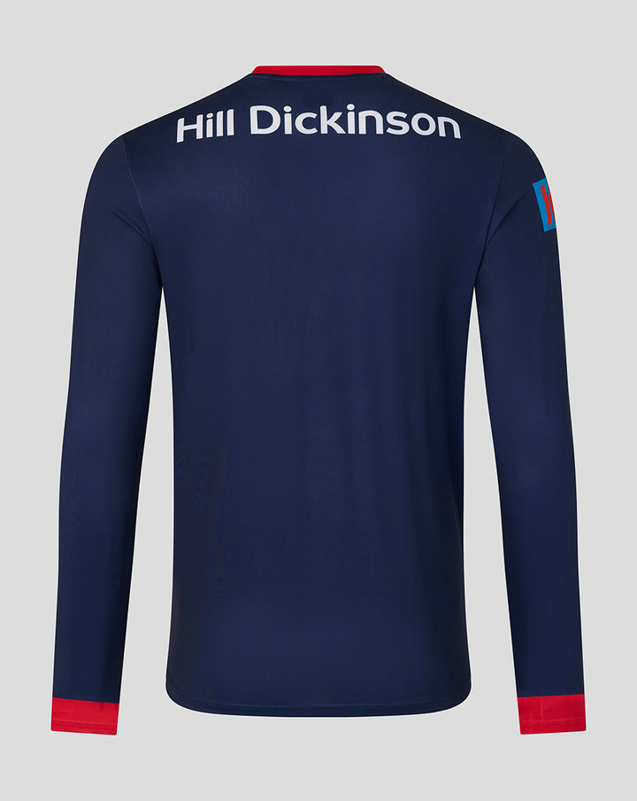 Back view of navy long sleeve jersey with Hill Dickinson across the shoulders and red cuffs