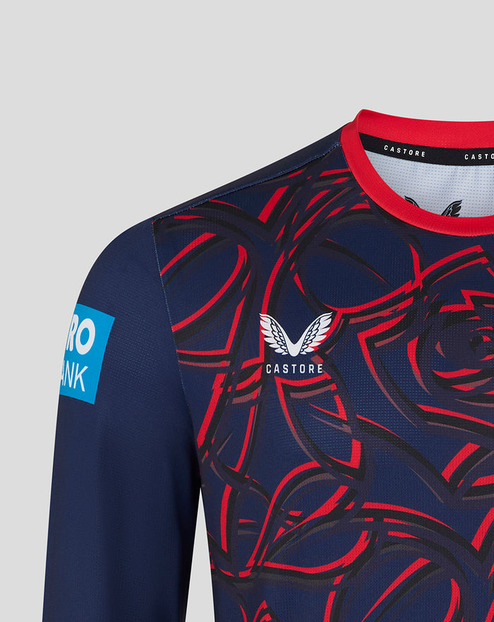 Mens long sleeve cricket jersey in peacoat navy with bold red rose pattern and Lancashire Cricket crest