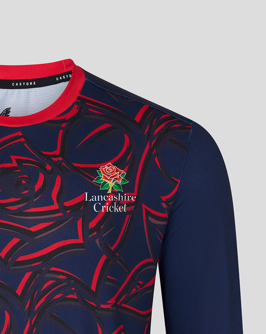 Peacoat navy long sleeve jersey with Lancashire Cricket crest and Castore branding on chest