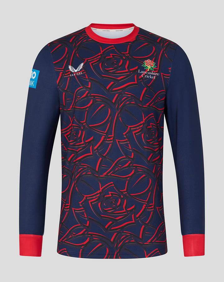 Mens navy One Day sweatshirt with red rose motif and Lancashire Cricket crest on the chest