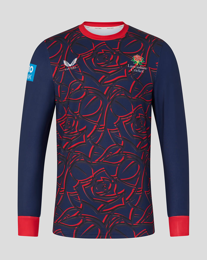 Mens navy One Day sweatshirt with red rose motif and Lancashire Cricket crest on the chest