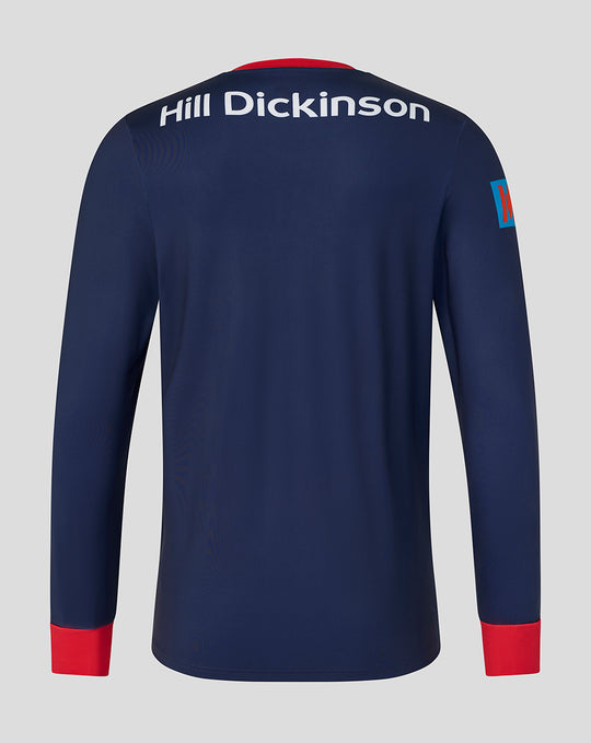 Back view of navy Mens 26/27 One Day Sweatshirt with Hill Dickinson across the upper back and red sleeve cuffs.