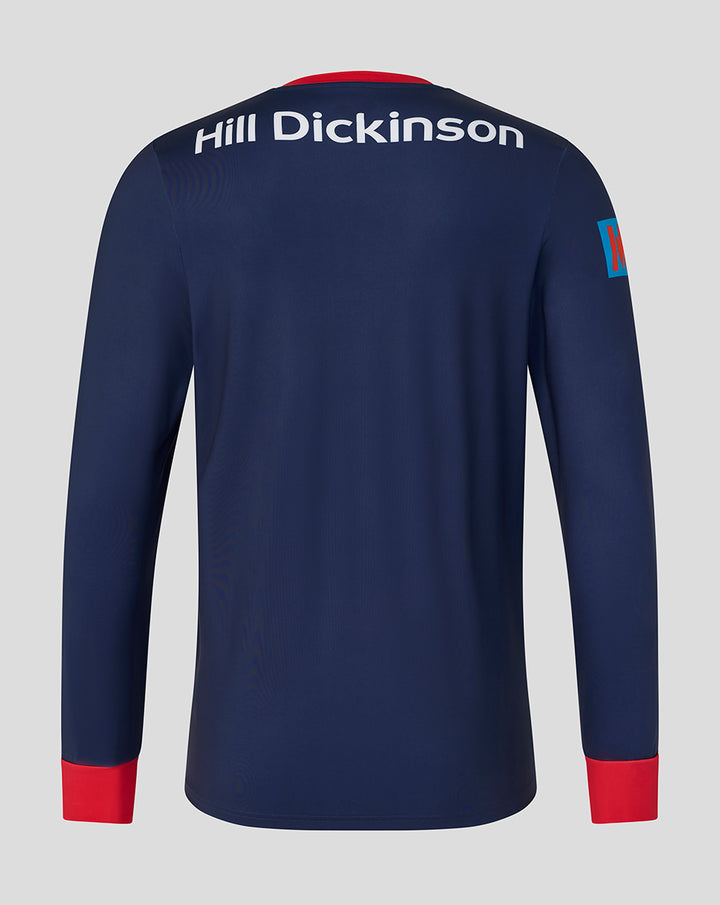 Back view of navy Mens 26/27 One Day Sweatshirt with Hill Dickinson across the upper back and red sleeve cuffs.