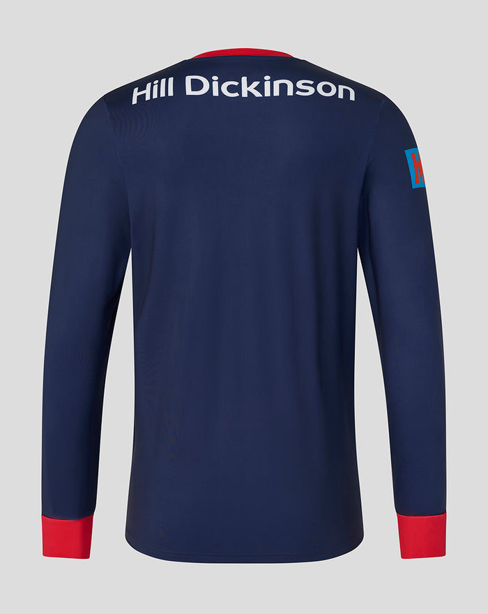 Back view of navy Mens 26/27 One Day Sweatshirt with Hill Dickinson across the upper back and red sleeve cuffs.