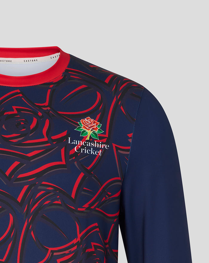 Navy peacoat mens One Day sweatshirt with red abstract pattern and Lancashire Cricket crest