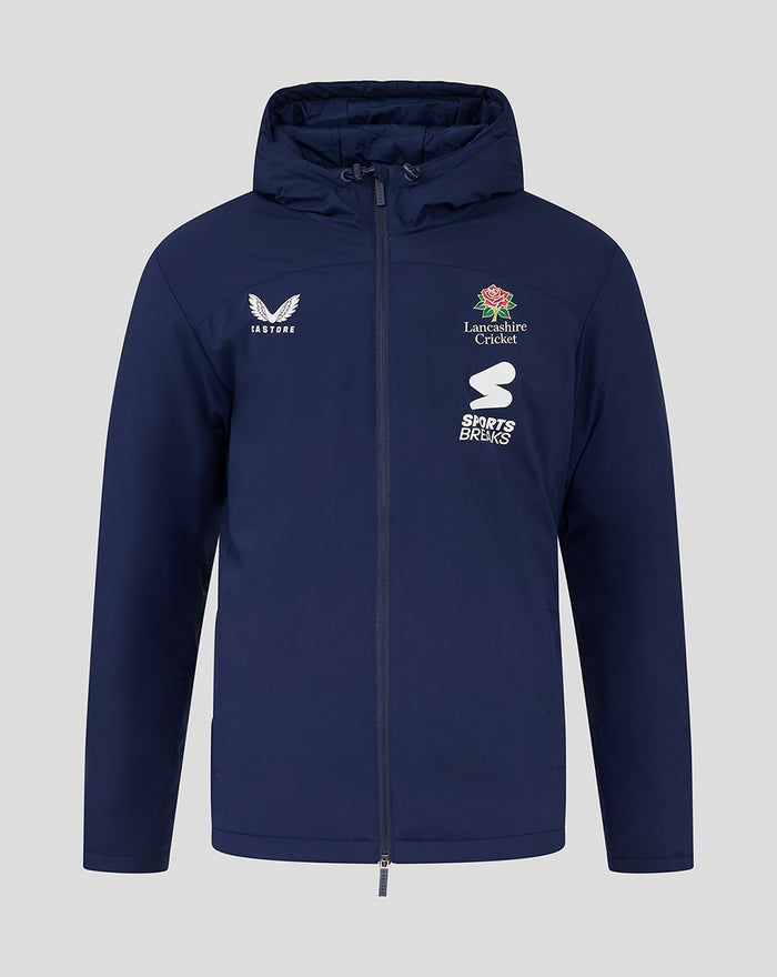 Navy Lancashire standard bench jacket with hood and full zipper, featuring Castore and Lancashire Cricket logos on the chest.