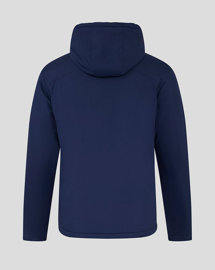 Back view of navy Lancashire standard bench jacket with hood.