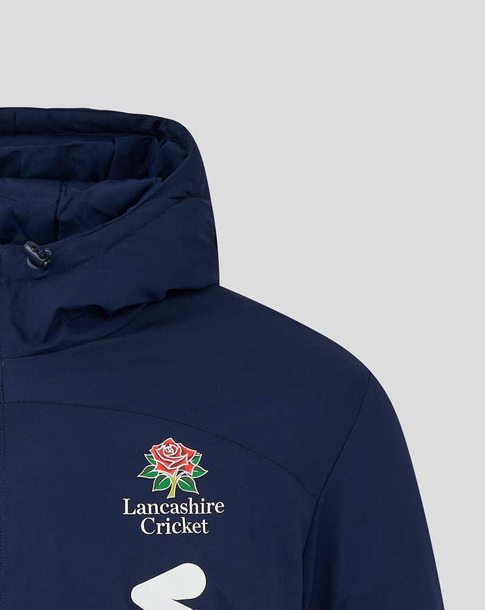 Navy jacket chest with Lancashire Cricket crest and rose emblem