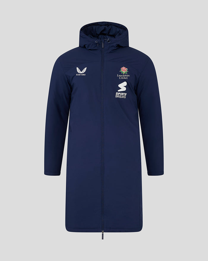 Navy long bench jacket with hood and full front zipper featuring Castore Lancashire Cricket and Sports Breaks logos
