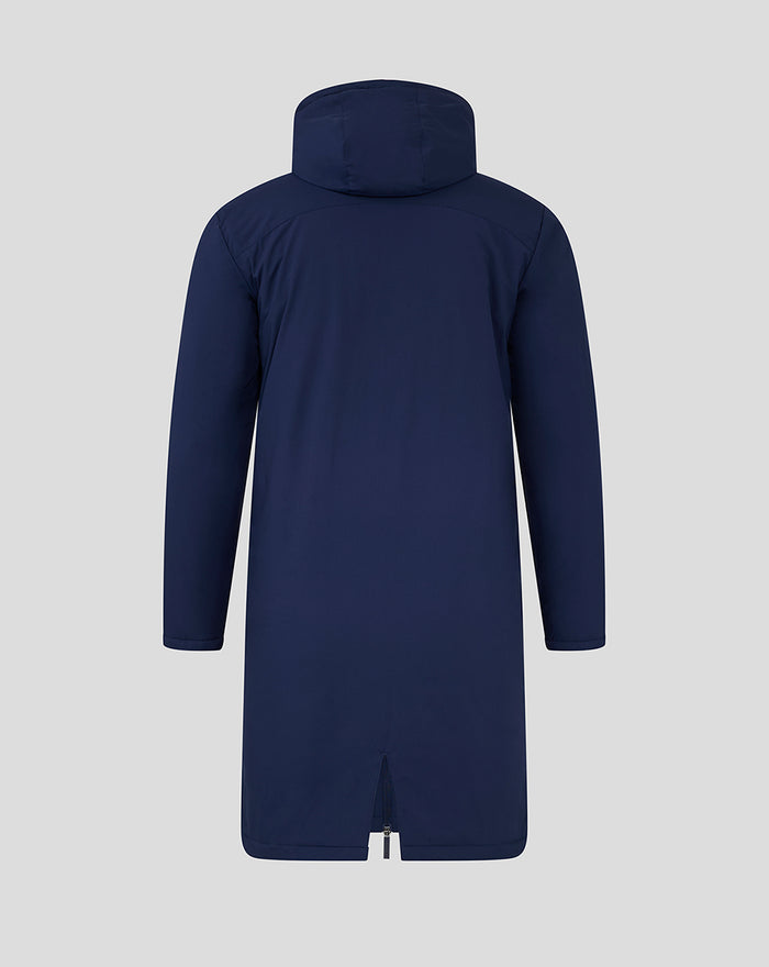 Rear view of navy Lancashire Long Bench Jacket with hood