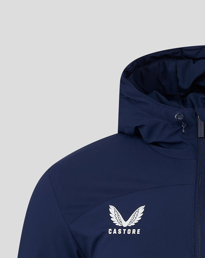 Close up of navy jacket shoulder and hood with Castore logo on chest