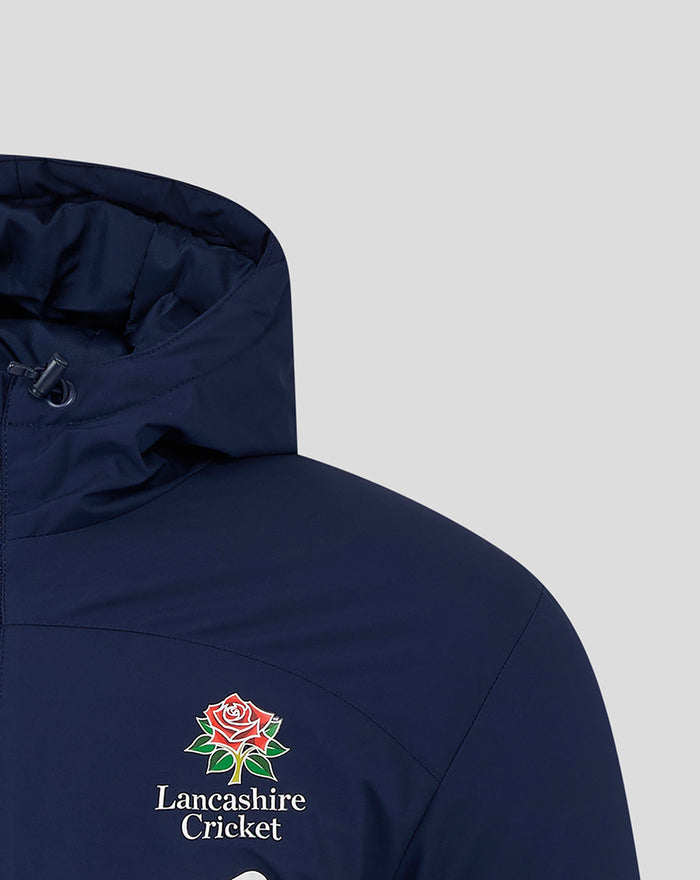 Left chest view showing Lancashire Cricket crest on navy jacket