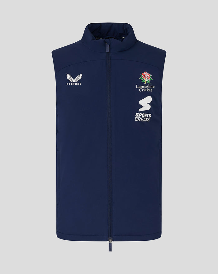 Front view of navy padded gilet with Castore logo left chest Lancashire Cricket crest right chest and Sports Breaks.