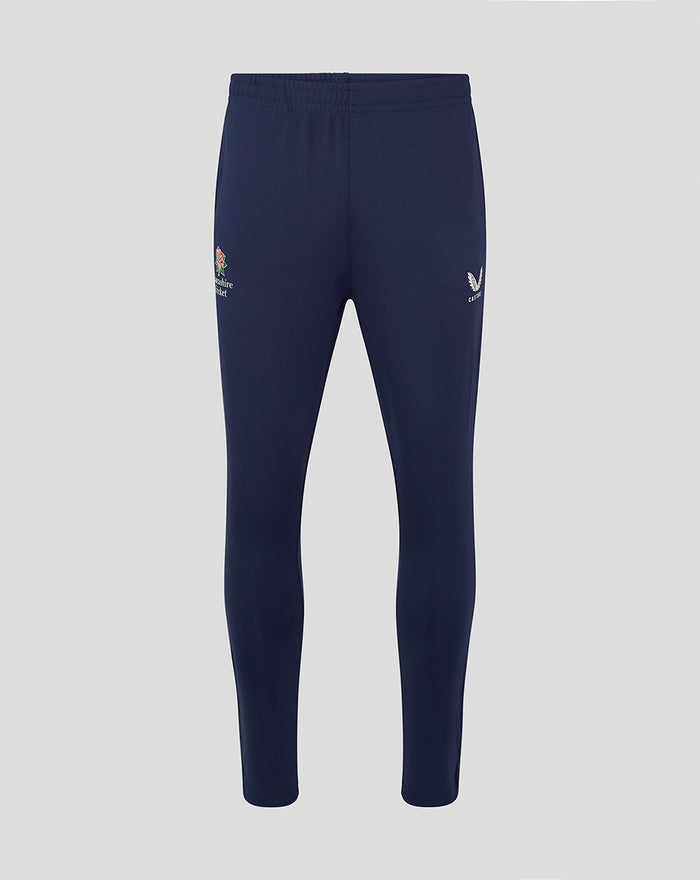 Navy Lancashire slim fit pant with elastic waistband and embroidered crests on left and right thighs