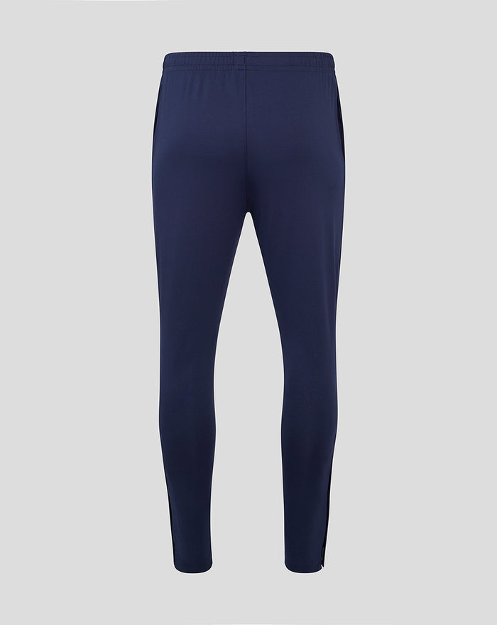 Navy men's Lancashire slim fit pants shown from the back with an elastic waistband.
